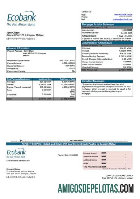 realista Modelo Word e PDF de declaração de hipoteca do Malawi Ecobank Malawi